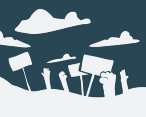 A dark blue background with white shapes of clouds and protest signs and fists