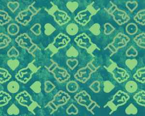 Blue background with a repetitive green design of hearts and fists